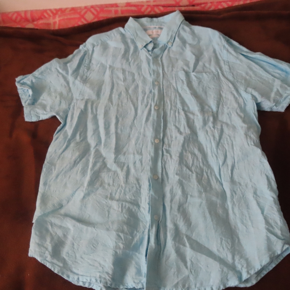 Porter and Ash Shirt Mens XL Blue 100% Linen Button Up Short Sleeve Casual